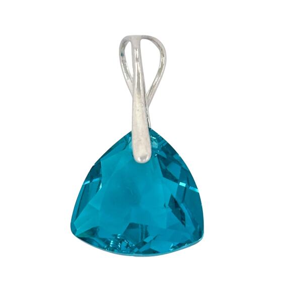 Teal Faceted Glass Pendant | Sterling Silver 925 Statement Triangle - Picture 2 of 11